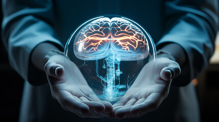 Hands of a doctor keeping an holographic android's brain. 