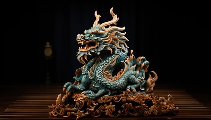 Fototapeta premium Christmas tree bauble with a green Dragon, symbol of the upcoming 2024 new year. Souvenir with a lunar calendar symbol, traditional Chinese green Dragon