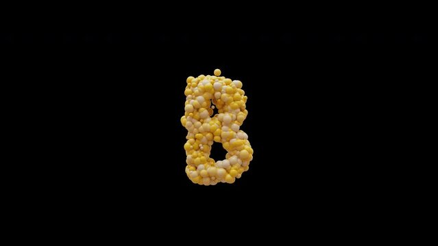 3D animation cartoon balls letter B, isolated beautiful funny yellow balloons, motion design, RGB Alpha, UHD 4K, Apple ProRes 4 4 4 4 12 bit, 25 fps