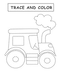 Trace and color for children. Handwriting practice. Coloring page for kids. Preschool worksheet with cute tractor illustration.	