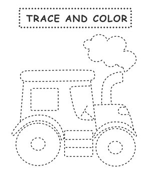 Trace and color for children. Handwriting practice. Coloring page for kids. Preschool worksheet with cute tractor illustration.	