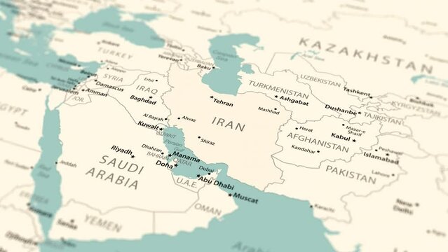Iran on the world map. Smooth map rotation. 4K animation.
