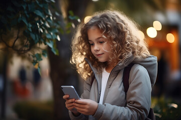 Get alpha or digital natives concept. Cute schoolgirl girl holding phone while walking outdoors
