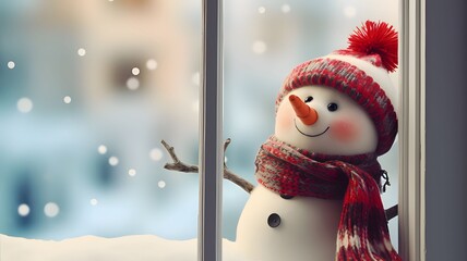 Merry dressed snowman on the right side. Snow falling bokeh effect in the background.Christmas banner with space for your own content. Light color background.
