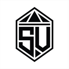 SV Letter Logo monogram simple hexagon shield shape with triangle crown isolated style design