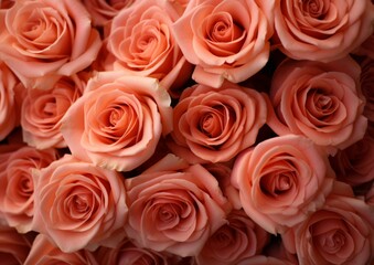 Close up bouquet of pink orange roses, flowers on peach fuzz color. 2024 year colors Peach Fuzz as background with copy space.