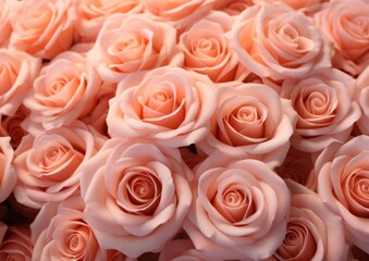 Close up bouquet of pink orange roses, flowers on peach fuzz color. 2024 year colors Peach Fuzz as background with copy space.