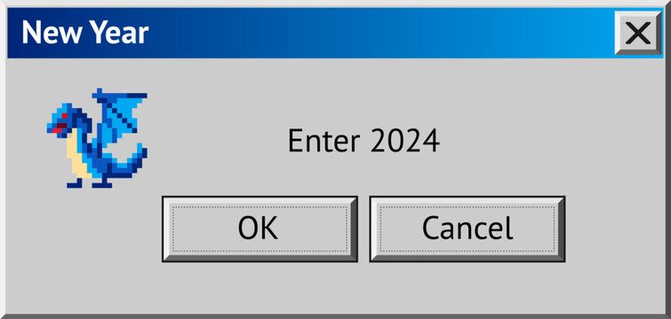 2024 New Year themed dialogue box with blue dragon. Abstract vaporwave, y2k aesthetics window with 90s style system message