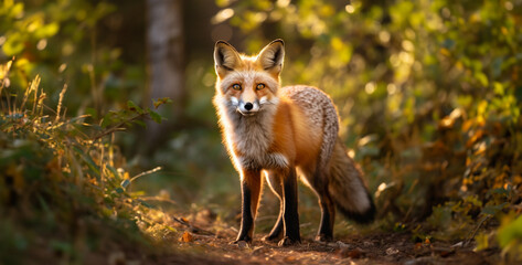Naklejka na ściany i meble a photorealistic image of a red fox in its nature, red fox in the woods