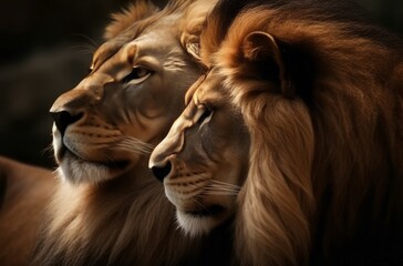 African lion couple. Pair of wildlife pride predator animals. Generate ai
