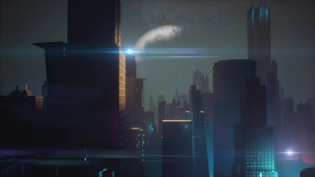 modern 3d animation of futuristic smart city downtown buildings with skycrapers and bih moon or other big planet in background