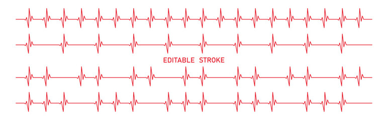 Red editable line, ecg, ekg design, cardio diagnosis vector set. Heart rhythm long line vector design to use in healthcare, healthy lifestyle, medicine, ekg, ecg concept illustration projects.
