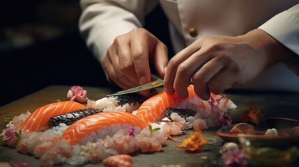 hands of a sushi chef creating intricate sushi art generative ai