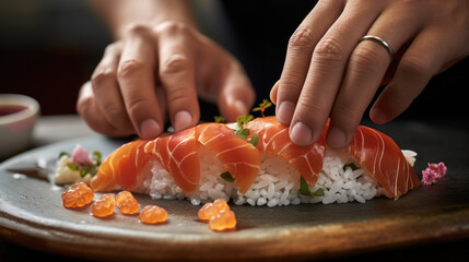 hands of a sushi chef creating intricate sushi art generative ai - obrazy, fototapety, plakaty