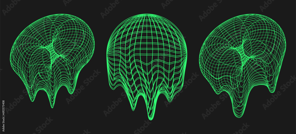 Poster cyber distorted shapes, retro punk design elements. melting geometry y2k elements. isolated wirefram