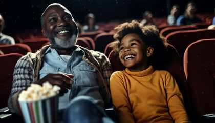 African American family in movie theater. A happy multi-ethnic family is in the movie theater watching a movie on and enjoying drinks and popcorn and having fun. Love,happy and Laughing - obrazy, fototapety, plakaty