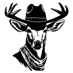 Vintage deer in a cowboy hat 60s style retro comic black vector illustration. Deer wearing a cowboy hat. Wild west animal by generative ai