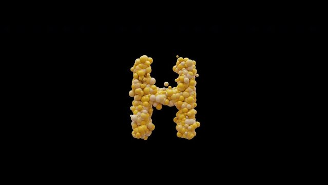 3D animation cartoon balls letter H, isolated beautiful funny yellow balloons, motion design, RGB Alpha, UHD 4K, Apple ProRes 4 4 4 4 12 bit, 25 fps