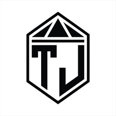 TJ Letter Logo monogram simple hexagon shield shape with triangle crown isolated style design
