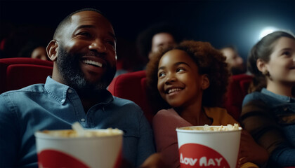 African American family in movie theater. A happy multi-ethnic family is in the movie theater watching a movie on and enjoying drinks and popcorn and having fun. Love,happy and Laughing - Powered by Adobe