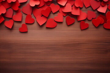 Red paper heart on wooden brown tabletop. Copy space