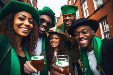 Happy people in St Patrick's Day outfits with beer taking selfie outdoors - obrazy, fototapety, plakaty