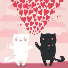 Two hand drawn cats in love with hearts on pink sunset background. Valentine’s Day greeting card. Vector illustration