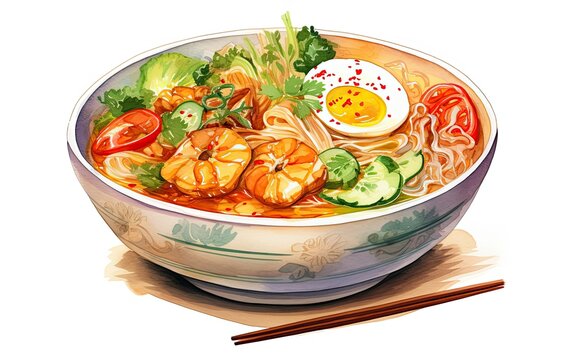 Bowl of a ramen soup with shrimps, noodles, egg and sea products watercolor painting on isolated white background