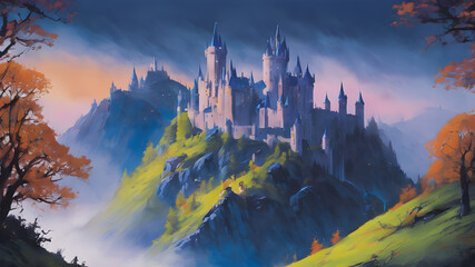 Fantasy Kingdom Charm: A 2D Illustration Showcasing a Castle Against a Beautiful Sky, Unveiling a Fairytale World