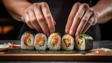 hands of a sushi chef forming sushi rolls generative ai