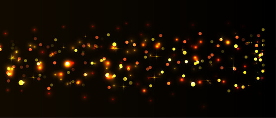 Yellow and orange shiny bokeh with christmas stars on dark background