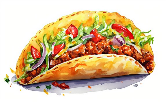 Taco watercolor painting on isolated white background
