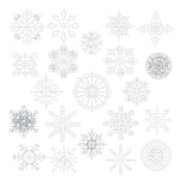 a set of white snowflakes each with a unique design, symbolizing the diversity of winter's natural artistry.  Looks great on any color background or picture