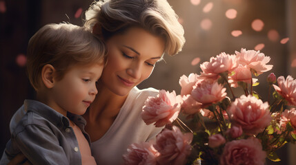 Madre e hijo en amor fraternal dia de la madre luz suave y flores rosadas - obrazy, fototapety, plakaty
