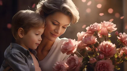 Foto op Plexiglas Madre e hijo en amor fraternal dia de la madre luz suave y flores rosadas © ClicksdeMexico