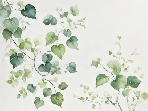 acuarela de delicadas hojas verdes y hiedra sinuosa, sobre un fondo blanco