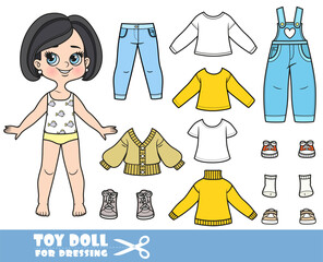 Cartoon brunette girl with bob haircut and clothes separately -   long sleeve,  jacket, shirt, comfortable overalls, jeans and sneakers