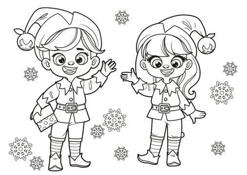 Cute cartoon boy and girl in Santa elves suit surrounded by snowflakes outlined for coloring page on white background