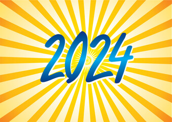 Text, inscription, 2024. New Year 2024. Lettering. Blue gradient with yellow orange rays. Vector graphics.