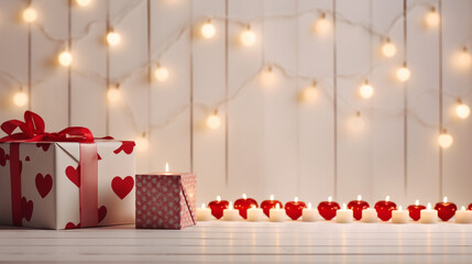 Close-up shot of a wooden white background adorned with whimsical red hearts, festive gifts, and glowing candles, creating a joyful and visually pleasing composition.
