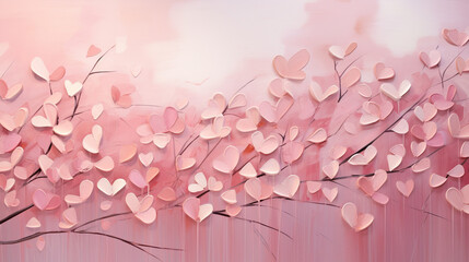 Delicate paper hearts dancing in the breeze on a dreamy pink canvas, exuding a sense of romance and artistic elegance.