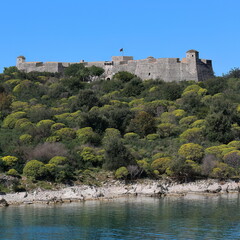 Fototapeta na wymiar Ali Pasha castle, island within the Porto Palermo Bay of the Ionian sea connected to the mainland by a land strip. Himare-Albania-124