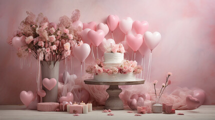 A charming Valentine's Day composition featuring a variety of hearts and elements in a soft and romantic pink color, capturing the essence of love.