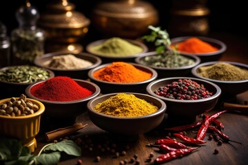 Artfully arranged assortment of colorful spices in small ceramic bowls, culinary ingredients