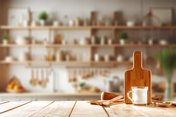 Photo of milk in kitchen interior and yellow wooden desk. Empty space for your decoration and natural sun light. Mockup backdrop and pedestal for yor products. 