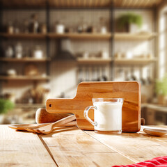 Photo of milk in kitchen interior and yellow wooden desk. Empty space for your decoration and...