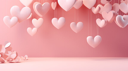 Heart-shaped paper elements floating in the air against a soft pink background, creating a whimsical and romantic scene.