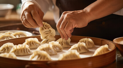 hands expertly folding dumplings in a traditional Chinese kitchen generative ai - obrazy, fototapety, plakaty