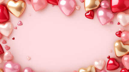 Top view of a vibrant Valentine's Day scene with a text frame surrounded by red and gold hearts foil balloons on a pink background, creating a festive and romantic atmosphere.