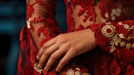 hands showcasing the delicate lacework on a Spanish Flamenco dress generative ai